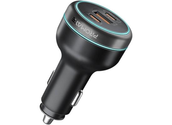 Promate Car Charger 230W Power Delivery, Rapid Charger With Dual USB-C Port 140W / 45W, & USB-A 3.0, 45W, for Laptop, Smartphone, Black